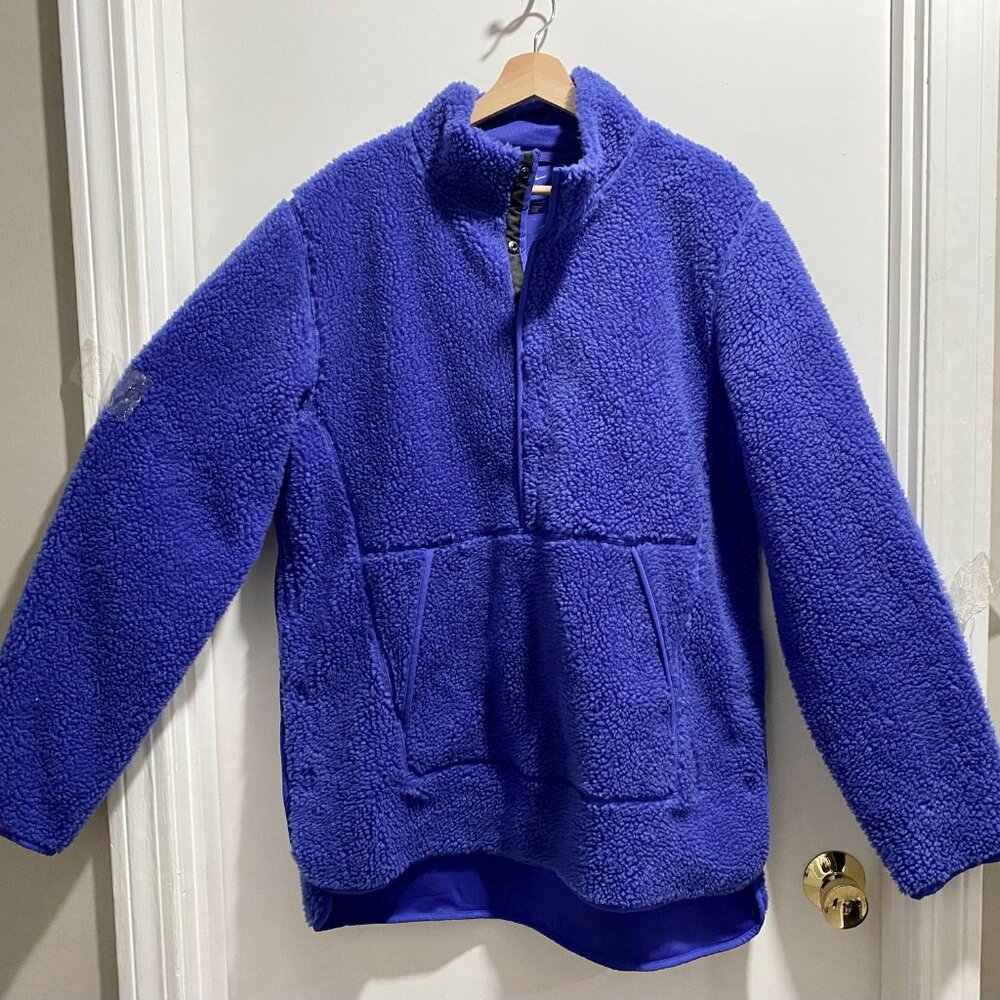 Mens Nike Yoga Sherpa Fleece Loose Fit Comfort Blue Pullover Bomber Jacket M